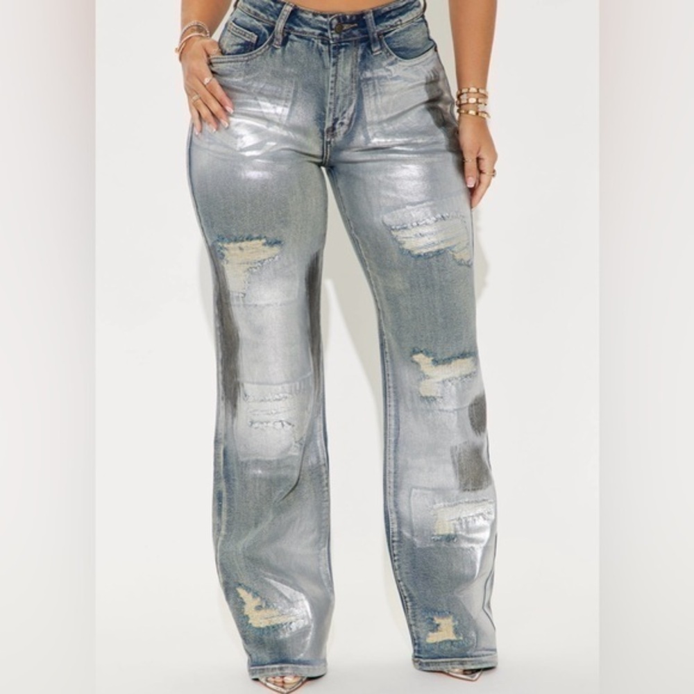 Stretch Foil Tinted Straight Leg Jeans - Vintage Wash